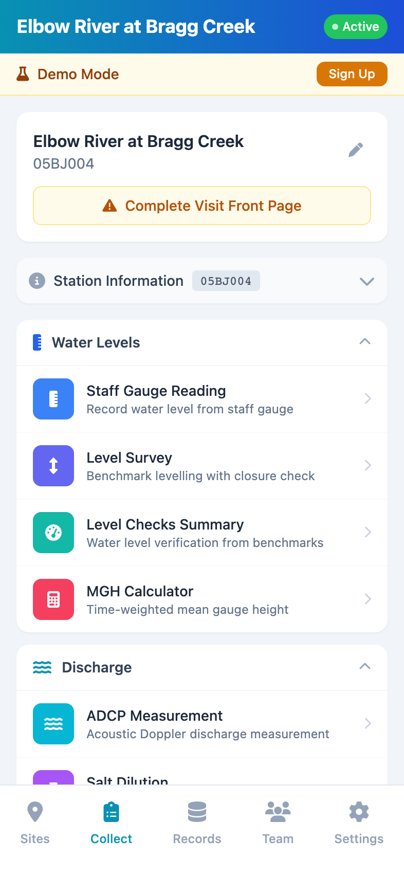 Data Collection Menu